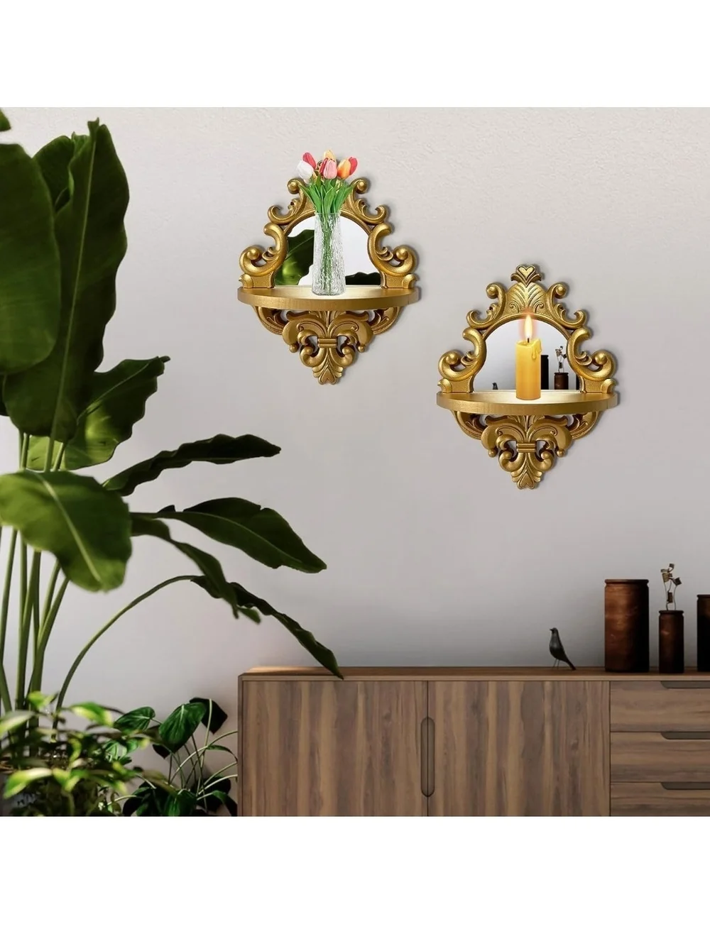 Ornate Gold Wall Mirror Shelf - Decorative Home Accent